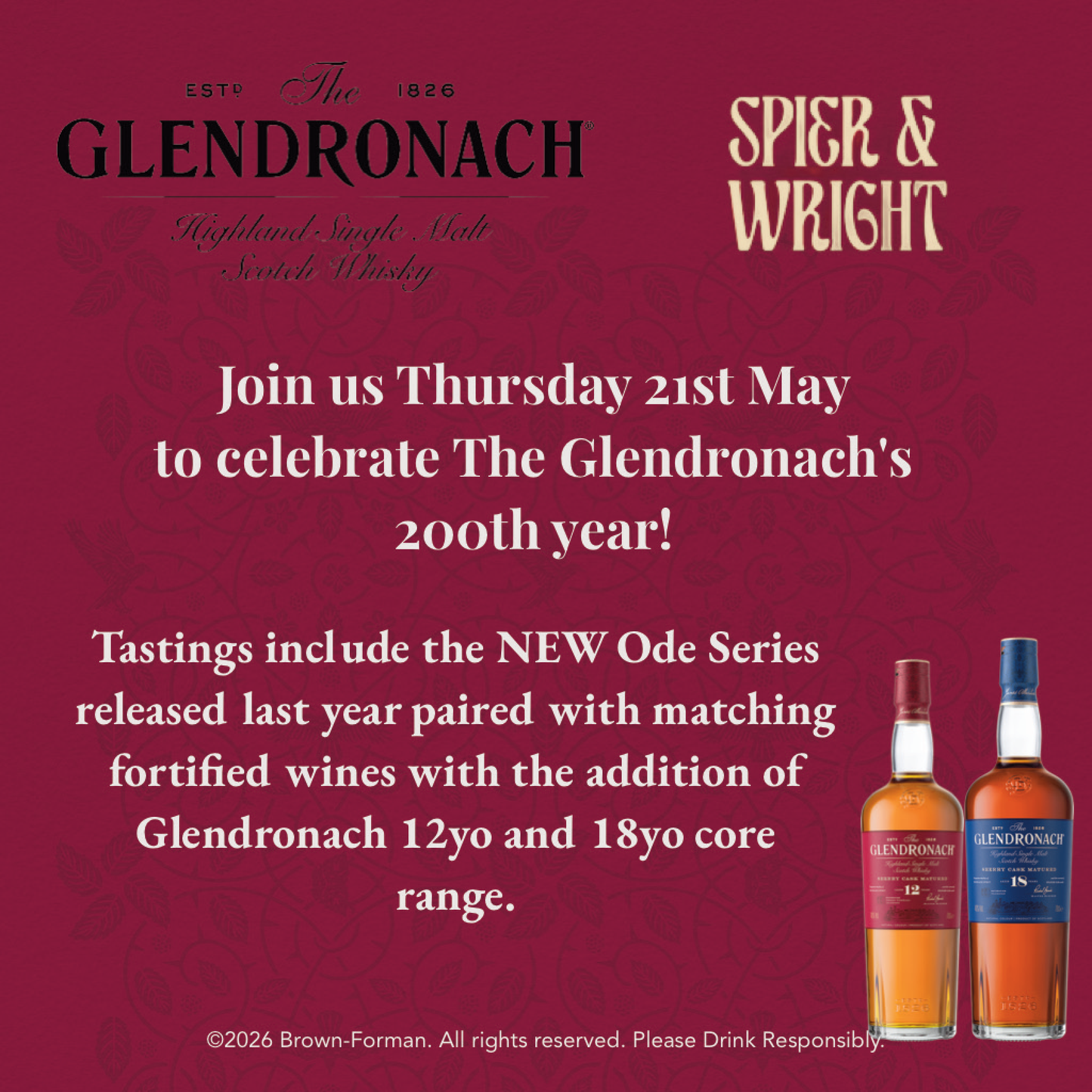 Sherry Cask Connoisseurs: A Glendronach Vertical & Fortified Pairing 21/05/26 630pm